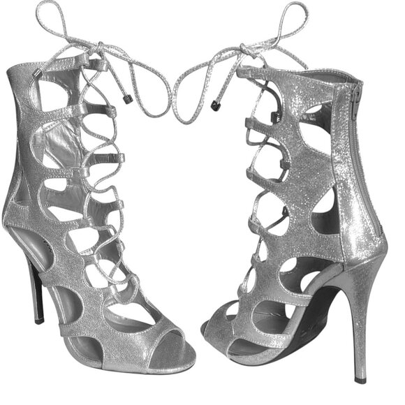 Metallic Silver Lace-Up Low Calf Cutout Bold Gladiator Stiletto Sandals - Picture 1 of 7
